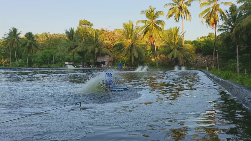 Saltwater milkfish farm with rotating paddle wheel aerator for oxygen