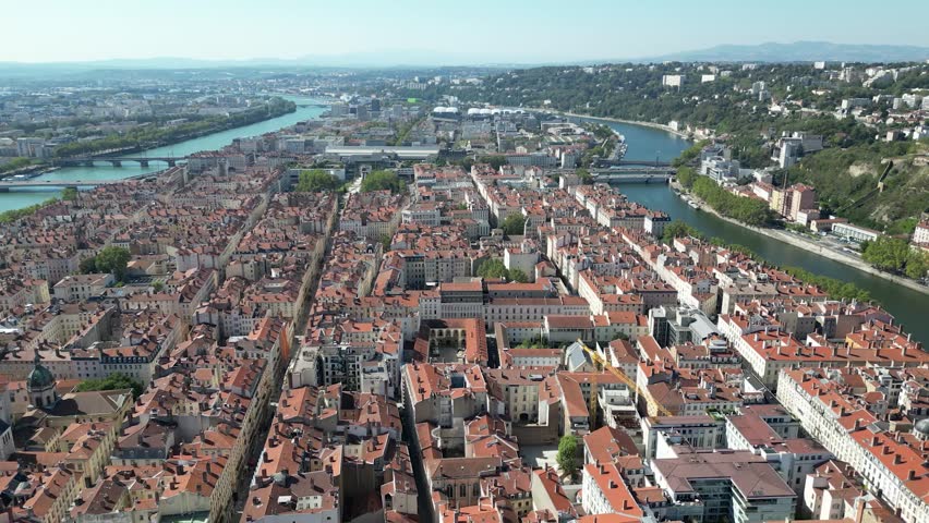 Aerial view of Lyon city with river, France.