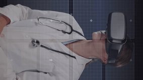 Animation of caucasian female doctor in vr headset, scientific data processing over blue background. Global medicine, digital interface and data processing concept digitally generated video. - Powered by Shutterstock - Get 15% off with code: PIKWIZARD15