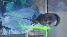 Animation of globe, arrows and data processing over happy african american businessman in office. Global business, finances, computing and data processing concept digitally generated video. - Powered by Shutterstock - Get 15% off with code: PIKWIZARD15