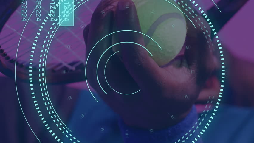 Animation of scope scanning and data processing over african american male tennis player. Global sport and digital interface concept digitally generated video. - Powered by Shutterstock - Get 15% off with code: PIKWIZARD15