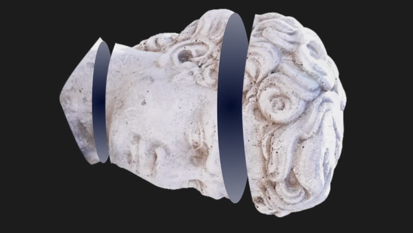 Animation of antique sliced head sculpture over neon circles on black background. Abstract, art, colour and movement concept digitally generated video.