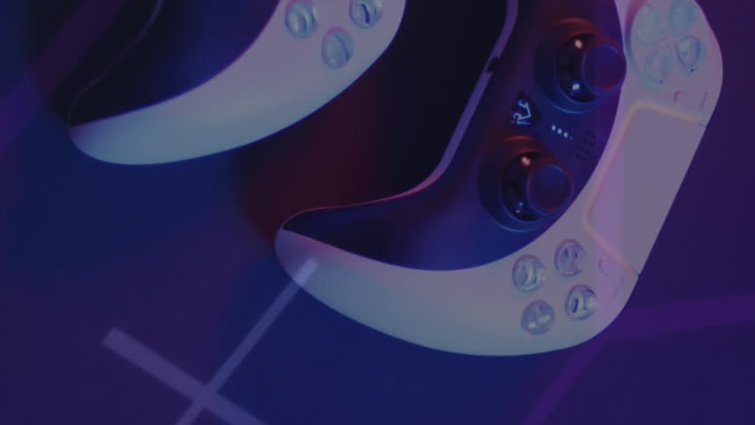 Animation of scope and data processing over video game pads. Global video game, digital interface, data processing and connections concept digitally generated video. - Powered by Shutterstock - Get 15% off with code: PIKWIZARD15