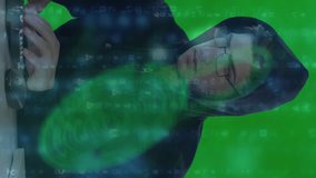 Animation of digital interface over hacker in hood using computers with biometric fingerprint on green screen. Global network online security concept digital composite. - Powered by Shutterstock - Get 15% off with code: PIKWIZARD15