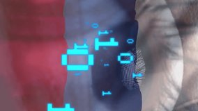 Binary code animation over close-up of eye with Russian flag colors. Technology, cybersecurity, digital, surveillance - Powered by Shutterstock - Get 15% off with code: PIKWIZARD15