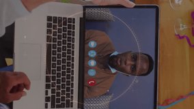 Animation of scope scanning over senior couple wearing party hats using laptop on video call in background. Digital interface global connection and communication concept digitally generated video. - Powered by Shutterstock - Get 15% off with code: PIKWIZARD15