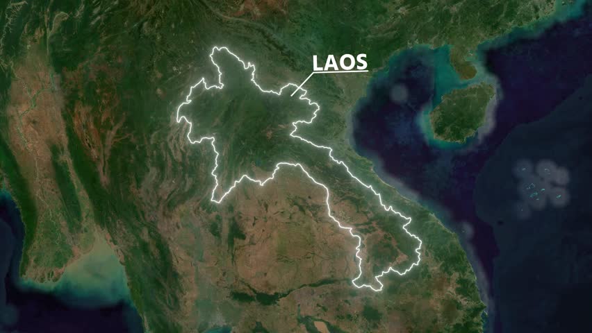 Zoom from Earth to Laos. Glow outline map animation satellite view with highlighted country borders. Cinematic documentary 3d world map animation highlights aerial views, tourism, and travel. 4k