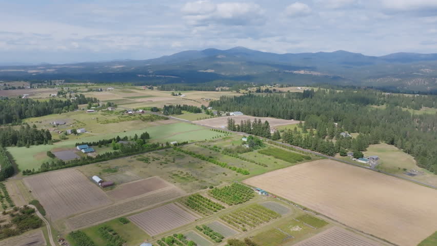 Aerial video of sprawling farmland and orchards with mountains on the horizon near Spokane, Washington.