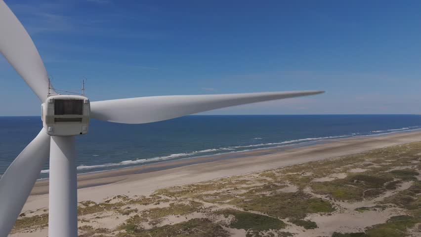 Close Up Wind Turbine Turning at the Dutch Coastline
