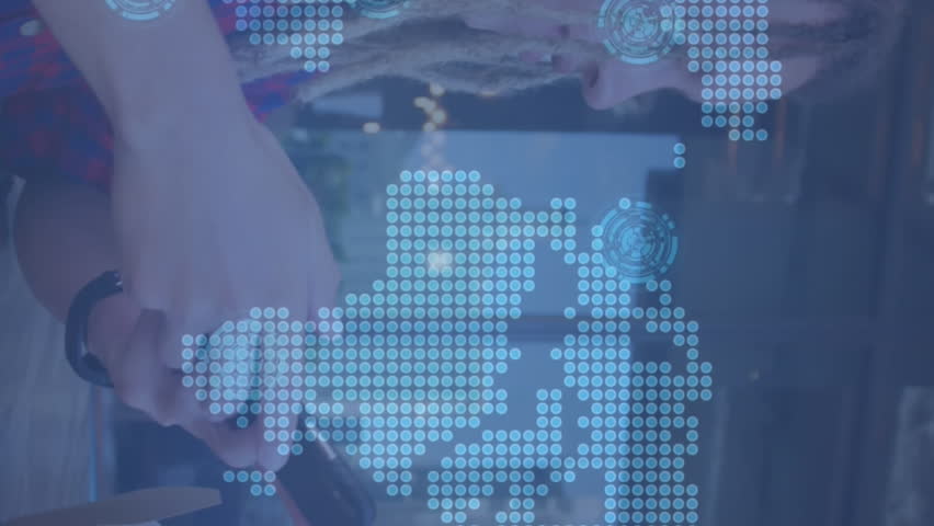 Animation of network of profile icons over caucasian man drinking coffee and using smartphone. Global networking and business technology concept - Powered by Shutterstock - Get 15% off with code: PIKWIZARD15