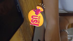 Animation of follow us and megaphone over icons, midsection of woman working on laptop. Digital composite, multiple exposure, push button, speaker, like and technology concept. - Powered by Shutterstock - Get 15% off with code: PIKWIZARD15