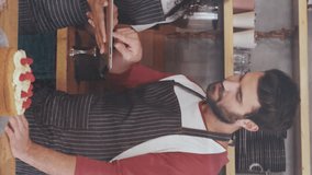 Animation of graphs moving over multiracial coworkers discussing over digital tablet in cafe. Digital composite, report, datum, business, technology, teamwork, food and drink occupation. - Powered by Shutterstock - Get 15% off with code: PIKWIZARD15