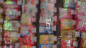 Animation of numbers changing and moving over various products assorted on shelves in supermarket. Digital composite, multiple exposure, data, report, business, for sale, object, retail, store. - Powered by Shutterstock - Get 15% off with code: PIKWIZARD15