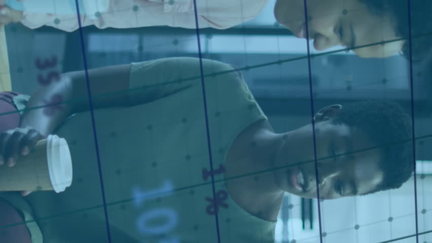 Animation of graphs over diverse female coworkers discussing while drinking coffee. Digital composite, multiple exposure, report, business, planning, beverage, drink and teamwork concept. - Powered by Shutterstock - Get 15% off with code: PIKWIZARD15