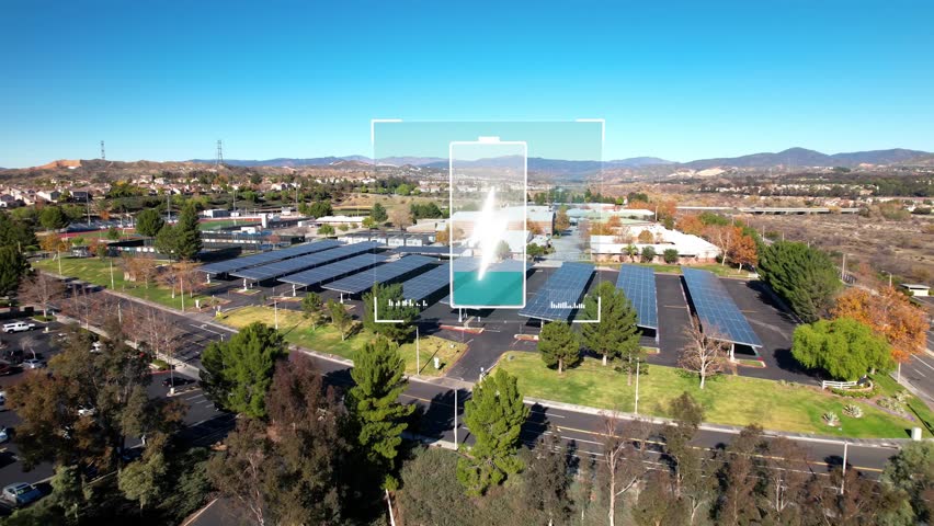 VFX or motion graphics or visual effects of battery cell overlay, aerial approaching large solar panels site at high school