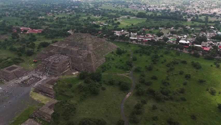 Drone view of the Pyramid of the Moon in Teotihuacan, Mexico
