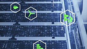 Animation of eco icons and digital data processing over computer servers. Global connections, computing and data processing concept digitally generated video. - Powered by Shutterstock - Get 15% off with code: PIKWIZARD15