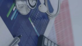 Animation of business icons over stethoscope and calculator. Global medicine, connections and digital interface concept digitally generated video. - Powered by Shutterstock - Get 15% off with code: PIKWIZARD15