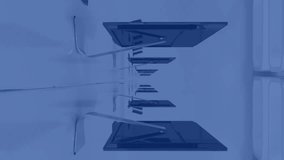 Animation of data processing and statistics over computers on office desks on blue background. Global digital interface, connections, computing and data processing concept digitally generated video. - Powered by Shutterstock - Get 15% off with code: PIKWIZARD15