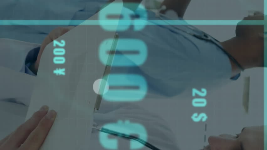 Animation of financial data processing over diverse doctors. Global medicine, connections, computing and data processing concept digitally generated video. - Powered by Shutterstock - Get 15% off with code: PIKWIZARD15