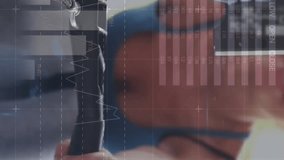 Animation of financial data processing over caucasian woman exercising at gym. Global sports, fitness, lifestyle, finances and digital interface concept digitally generated video. - Powered by Shutterstock - Get 15% off with code: PIKWIZARD15