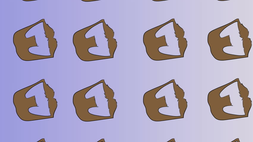 Animation of brown moustache and beard repeated on blue backgroud. fashion and accessories background pattern concept digital animation.