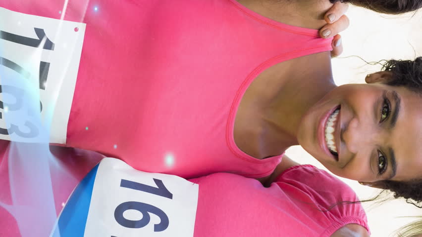 Animation of pink ribbon logo and blue wave over diverse group of smiling women. breast cancer positive awareness campaign concept digitally generated video.