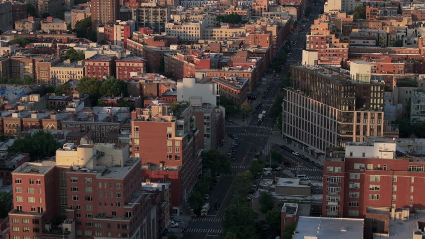 Aerial view of Harlem at sunrise. Shot in New York City.