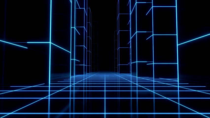 3D loop animation city in space. Neon grid in the galaxy against the background of city. Cyberpunk retro style 80s and 90s VR games in a tunnel. An endless portal in space.