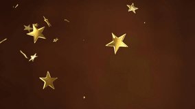 Animation of christmas gold stars and presents falling on brown background. Christmas, festivity, celebration and tradition concept digitally generated video. - Powered by Shutterstock - Get 15% off with code: PIKWIZARD15