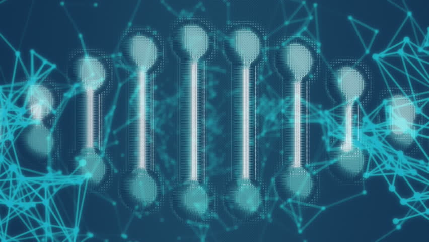 Animation of digital interface with DNA strand spinning and network of connections on blue background. Global computer network technology concept digitally generated image. - Powered by Shutterstock - Get 15% off with code: PIKWIZARD15