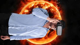 Animation of mathematical equations and solar system floating over teacher wearing vr goggles. Education back to school concept digitally generated image. - Powered by Shutterstock - Get 15% off with code: PIKWIZARD15