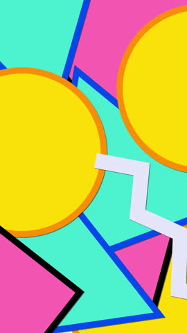 Vertical Video of Bright Colorful Memphis Style Rectangle, Circle Square Shapes Animation Geometric Visuals. Vintage inspired, music visuals, creative transitions, motion graphic overlays.