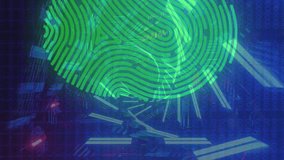 Animation of digital interface with blue and green biometric fingerprint scanning and data processing with blue neon shapes. Global digital online security concept digitally generated image. - Powered by Shutterstock - Get 15% off with code: PIKWIZARD15