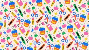 Loopable animated background featuring vibrant, hand-drawn school supplies like pencils, crayons, notebooks, apples, scissors, and backpacks on a light background. Ideal for educational themes. - Powered by Shutterstock - Get 15% off with code: PIKWIZARD15
