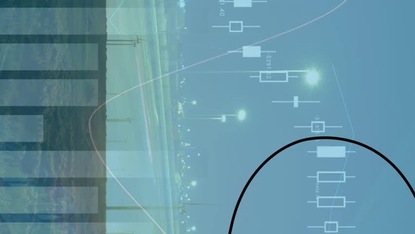 Animation of statistical data processing over spinning windmills against night city traffic. Renewable energy and business data technology concept - Powered by Shutterstock - Get 15% off with code: PIKWIZARD15