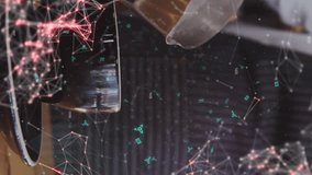 Animation of dots forming abstract shapes, qr code over midsection of barista pouring milk in coffee. Digital composite, multiple exposure, drink, barcode, scanning, beverage and technology concept. - Powered by Shutterstock - Get 15% off with code: PIKWIZARD15