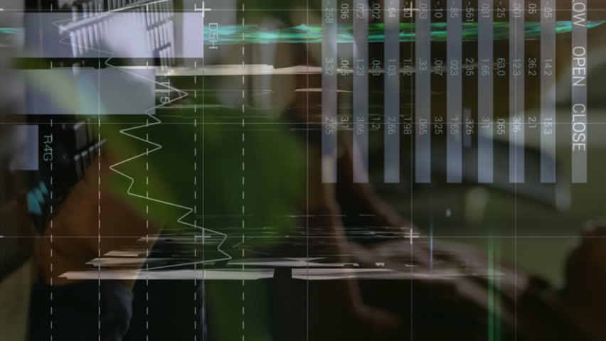 Animation of infographic interface and connected dots over diverse coworkers working on computers. Digital composite, multiple exposure, global, report, finance, communication and technology. - Powered by Shutterstock - Get 15% off with code: PIKWIZARD15