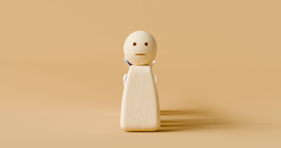 A robot figure peeking out from a crowd of wooden figures, AI integration into society, digital transformation, AI evolution, 3D rendering