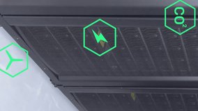 Animation of ecology icons over server room. Global technology, ecology and digital interface concept digitally generated video. - Powered by Shutterstock - Get 15% off with code: PIKWIZARD15