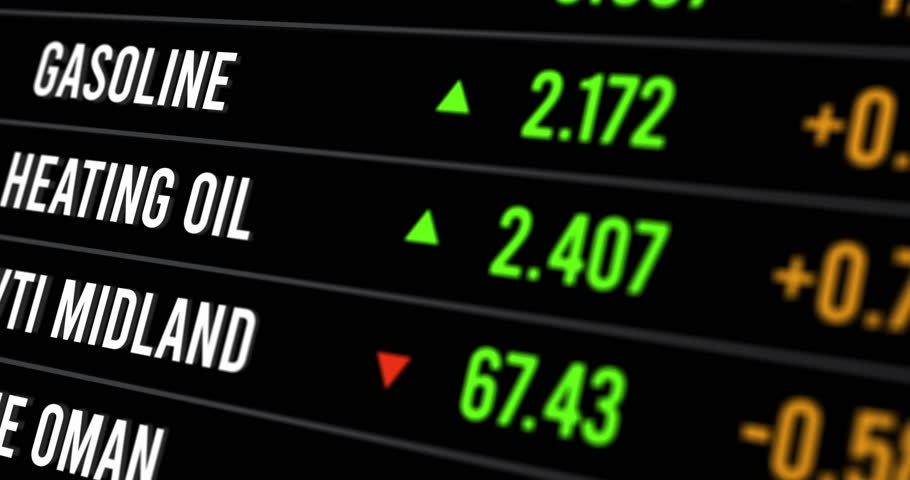 Commodity trading scrolling tickers on electronic board, oil and gas prices quotations, stock market price changes, footage
