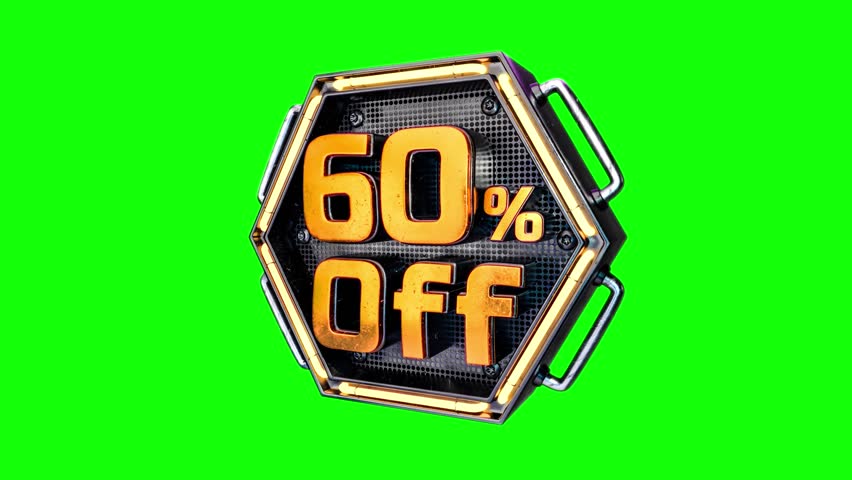 Discount Offer on Green Screen: A striking, digitally rendered image showcases a metallic badge displaying a prominent 60% off sale, against a vibrant green screen