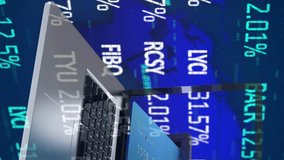 Animation of financial data processing over credit card inserted into laptop. global finances, business and contactless payment concept digitally generated video. - Powered by Shutterstock - Get 15% off with code: PIKWIZARD15