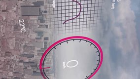 Animation of interface with charging battery icon and speedometer over cityscape. energy, power and fuel technology digital interface concept digitally generated video. - Powered by Shutterstock - Get 15% off with code: PIKWIZARD15