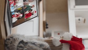 Animation of snow falling over happy caucasian woman in santa hat on laptop video call. christmas, tradition and celebration concept digitally generated video. - Powered by Shutterstock - Get 15% off with code: PIKWIZARD15