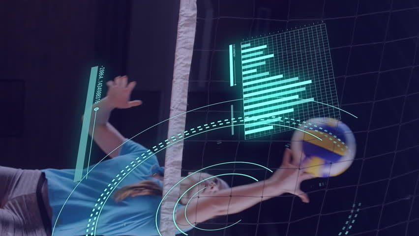 Animation of scope scanning and data processing over caucasian people playing volleyball at gym. Global sport and digital interface concept digitally generated video. - Powered by Shutterstock - Get 15% off with code: PIKWIZARD15