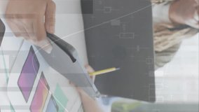 Animation of data processing over happy diverse creative colleagues in casual office meeting. Data, digital interface, teamwork and casual business concept digitally generated video. - Powered by Shutterstock - Get 15% off with code: PIKWIZARD15