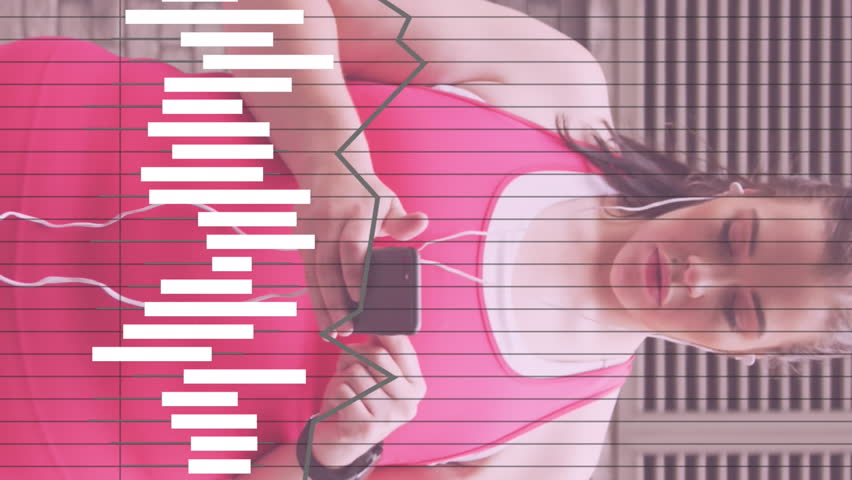 Animation of data processing over plus size caucasian woman exercising in city street. Sports, active lifestyle, urban living and happiness concept digitally generated video.