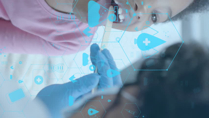 Animation of network of medical icons over african american female doctor swab testing girl patient. Digital interface, connection, hospital and healthcare, digitally generated video. - Powered by Shutterstock - Get 15% off with code: PIKWIZARD15