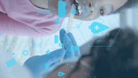Animation of network of medical icons over african american female doctor swab testing girl patient. Digital interface, connection, hospital and healthcare, digitally generated video. - Powered by Shutterstock - Get 15% off with code: PIKWIZARD15